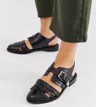 Asos Design Wide Fit Minister Leather Cut Out Flat Shoes-black