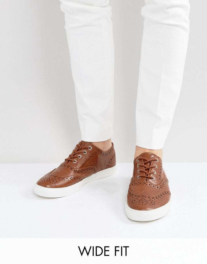 Asos Wide Fit Brogue Shoes In Tan - Tan