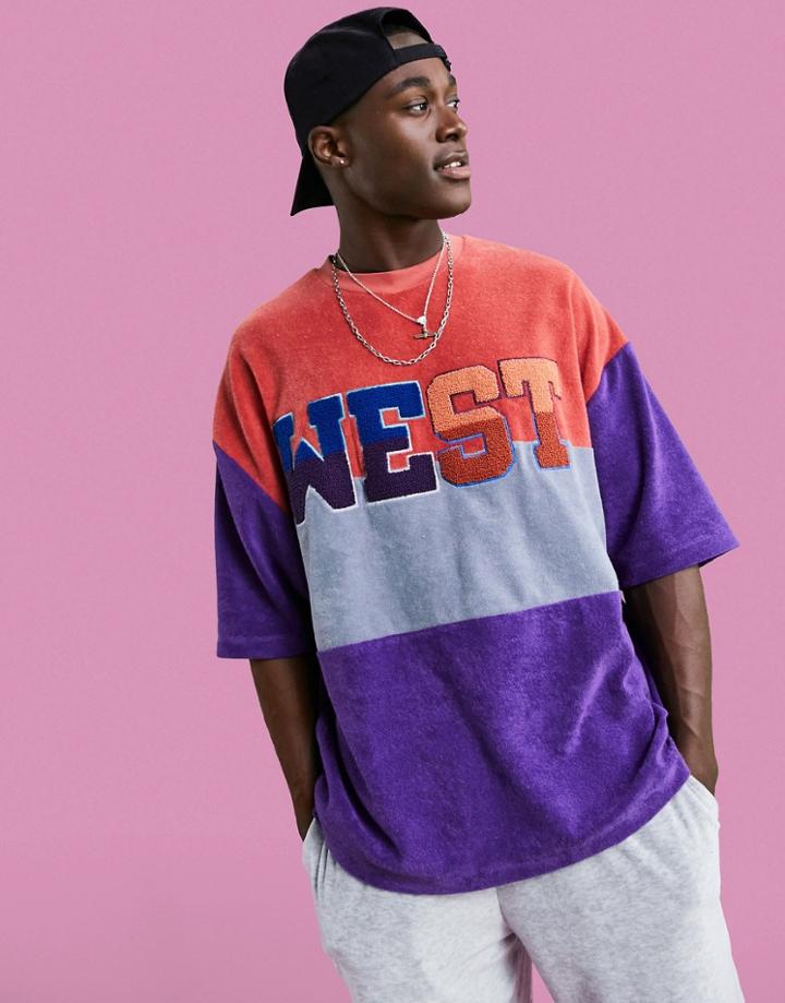 Asos Design Oversized T-shirt In Terry Color Block With Text Embroidery-multi