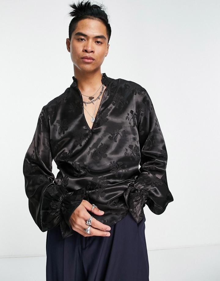Asos Design Satin Jacquard Overhead Shirt With Ruffle Cuff-brown