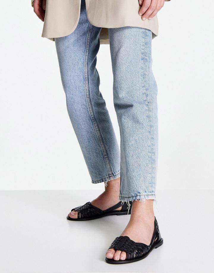 Asos Design Francis Leather Woven Flat Sandals In Black