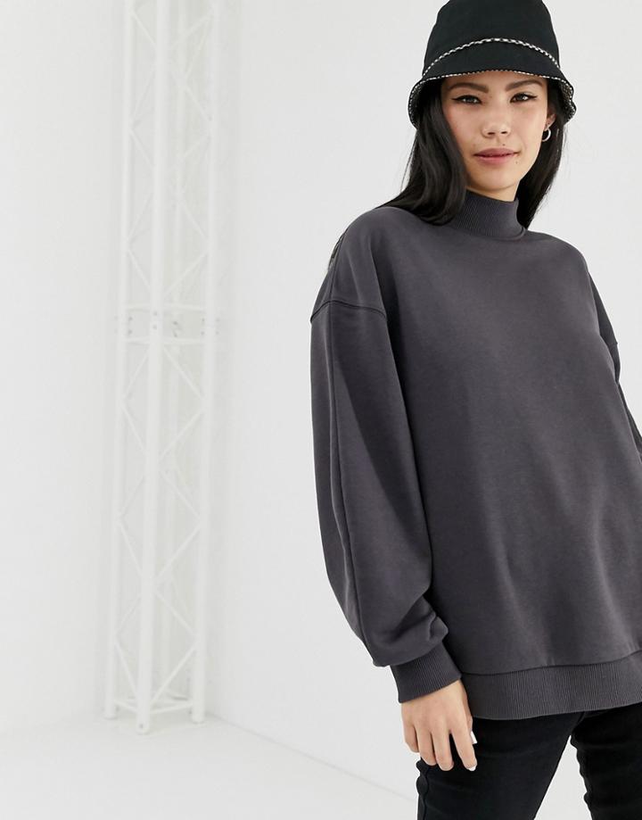 Bershka High Neck Sweat Top In Washed Black - Black