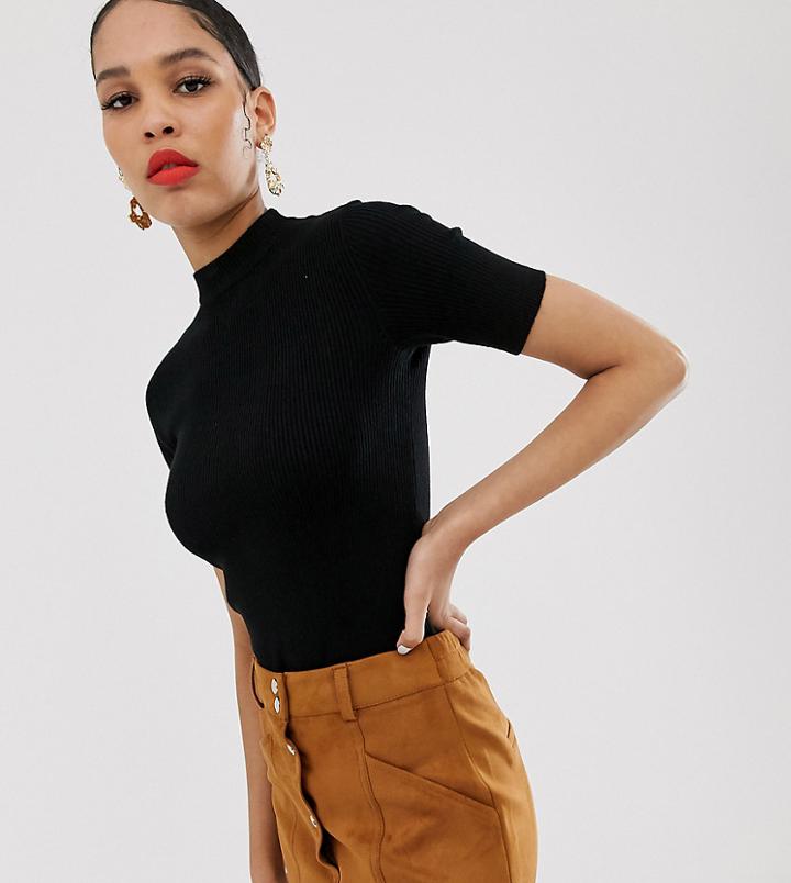 Bershka High Neck Tight Ribbed Knitted Top In Black - Black