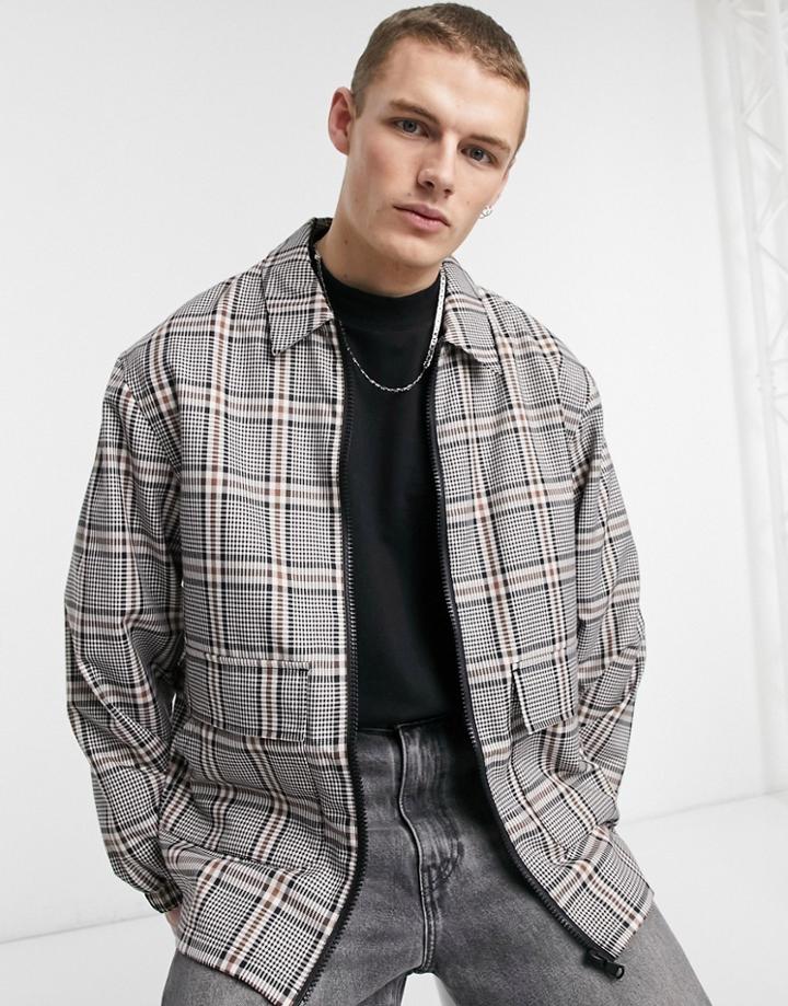 Asos Actual Oversized Harrington Jacket In Ecru Plaid-white