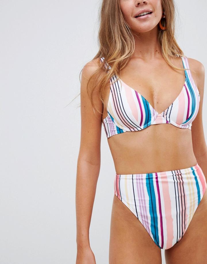 Asos Design Mix And Match Underwired Plunge Bikini Top In Pastel Stripe Print - Multi