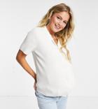 Asos Design Maternity Short Sleeve Sweater With Collar Detail In Cream-white