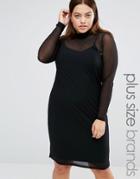 Junarose High Neck Bodycon Dress With Sheer Overlay - Black