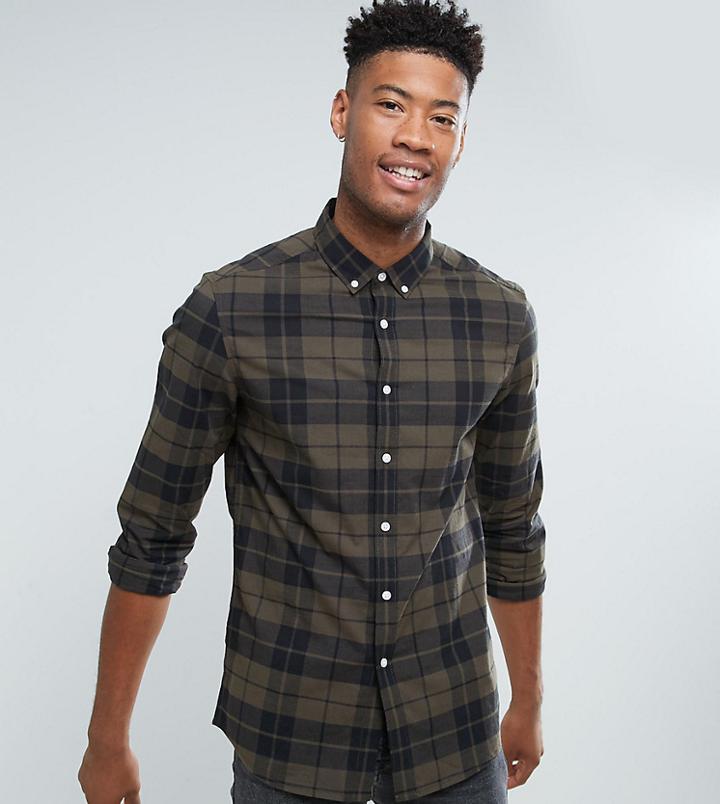 Asos Tall Stretch Slim Poplin Check Shirt In Green - Green