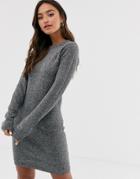 Brave Soul Grungy Round Neck Sweater Dress-gray