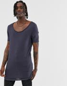 Asos Design Super Longline T-shirt With Curved Hem And Deep Scoop Neck In Viscose - Black