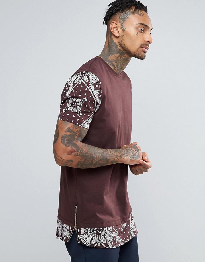Asos Super Longline T-shirt With Bandana Print Sleeves And Hem - Red