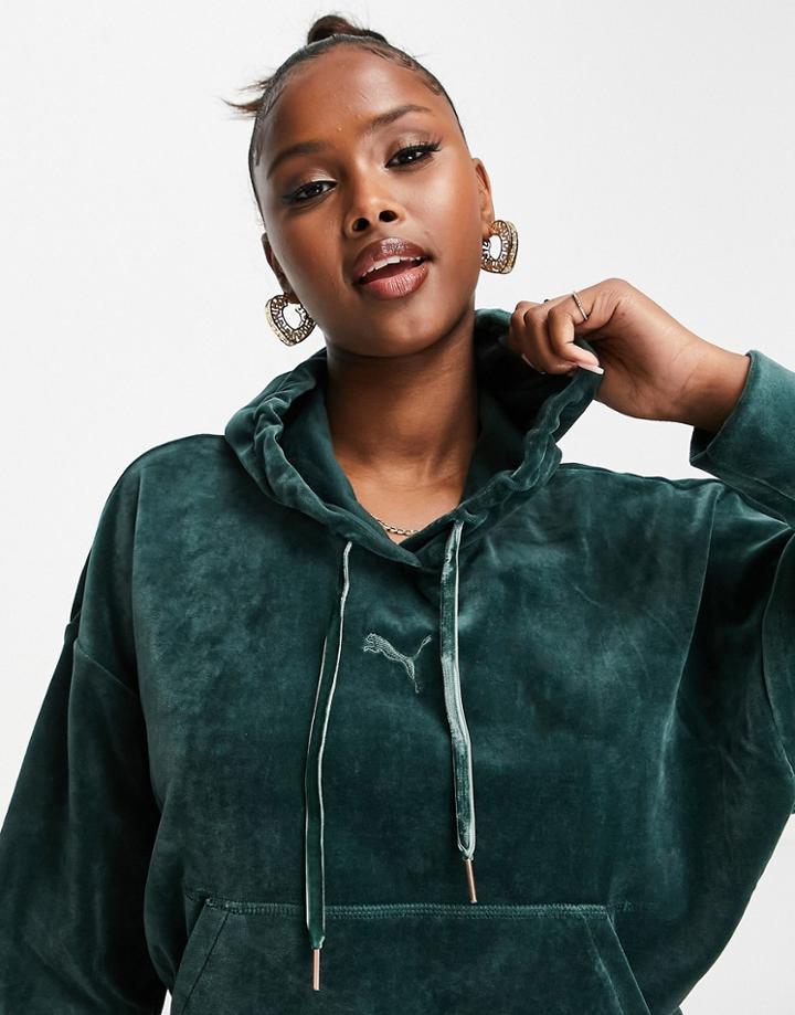Puma Iconic T7 Velour Hoodie In Dark Green