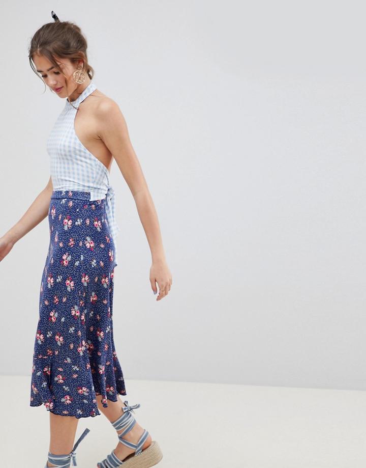 Asos Design Halterneck Midi Sundress In Mixed Floral Gingham Print - Multi
