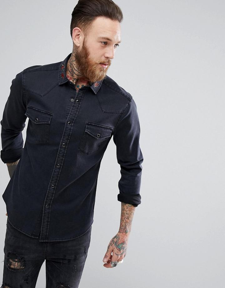 Asos Skinny Denim Shirt With Floral Embroidered Collar In Black - Black