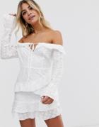In The Style X Dani Dyer Off Shoulder Lace Ruffle Mini Dress With Asymmetric Hem In White - White