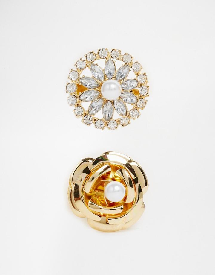Asos Pack Of 2 Metal Flower And Pearl Brooch Pack - Gold