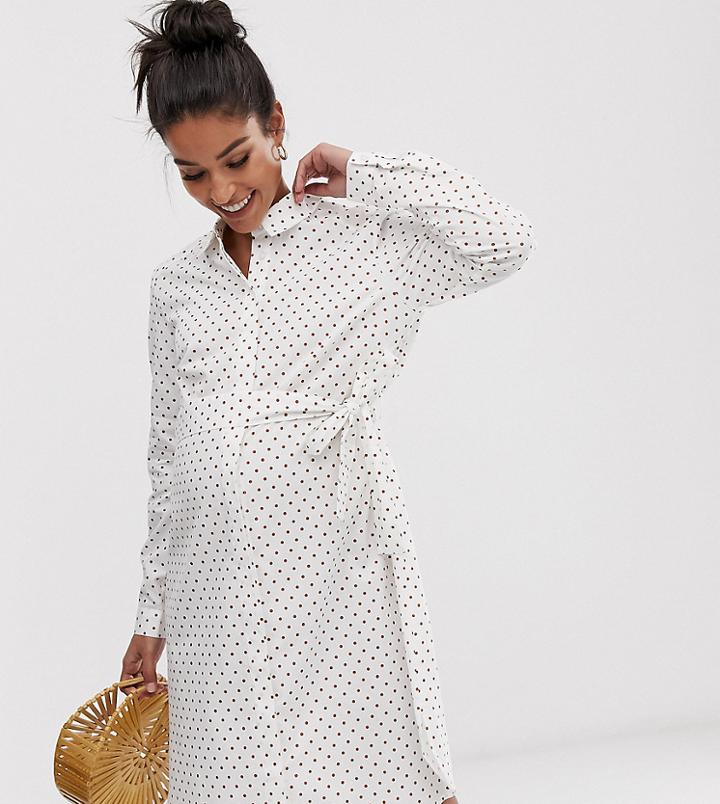 Asos Design Maternity Cotton Mini Shirt Dress With Tie Belt In Polka Dot - Multi
