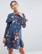 Asos Premium Silk Mini Dress With Frill In Floral Print - Multi