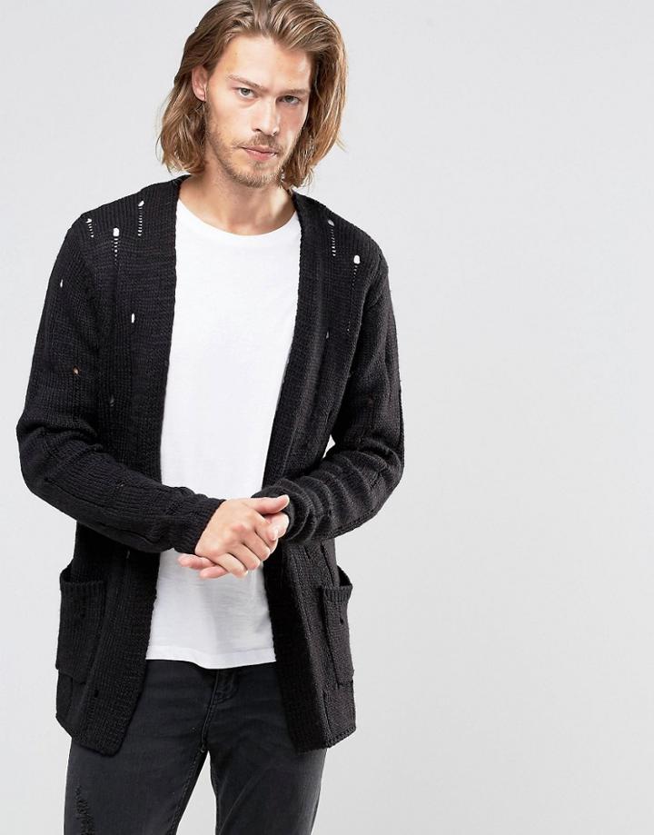 Asos Laddered Open Cardigan In Wool Mix - Black