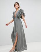 True Decadence Premium Plunge Front Maxi Dress With Shoulder Detail - Gray