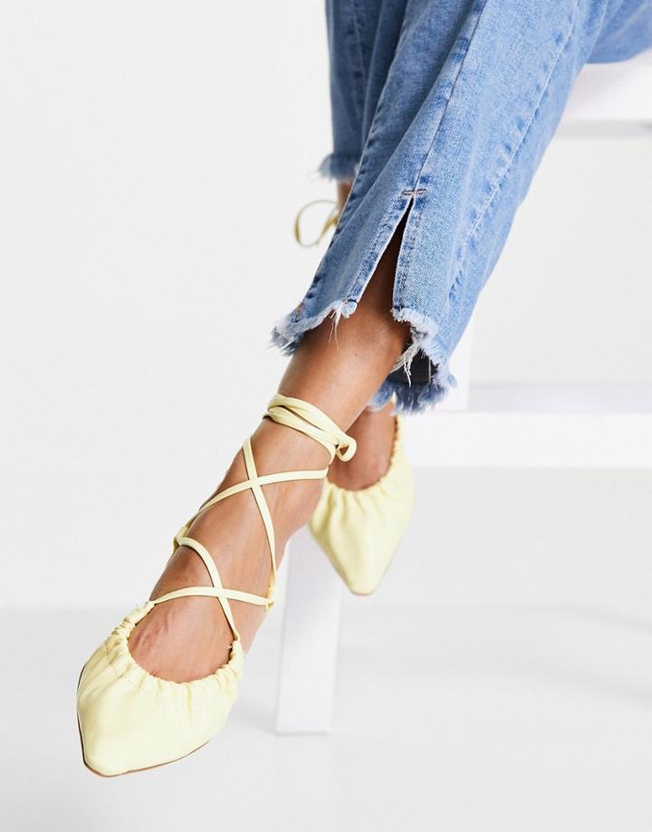 Asos Design Listen Tie Leg Ballet Flats In Lemon-yellow