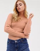 Asos Design Wide V Neck Sweater In Skinny Rib - Pink