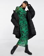 & Other Stories Printed Smock Detail Midi Dress With Peplum Hem In Green