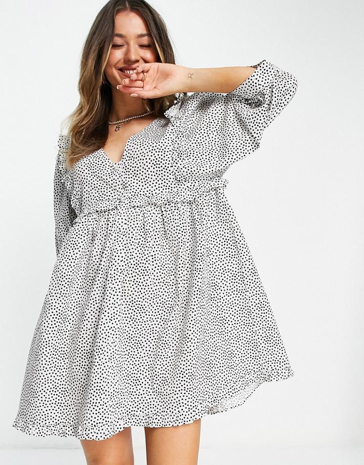 Asos Design Frill V Neck Cotton Button Through Mini Smock Dress In Spot Print-multi