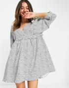 Asos Design Frill V Neck Cotton Button Through Mini Smock Dress In Spot Print-multi