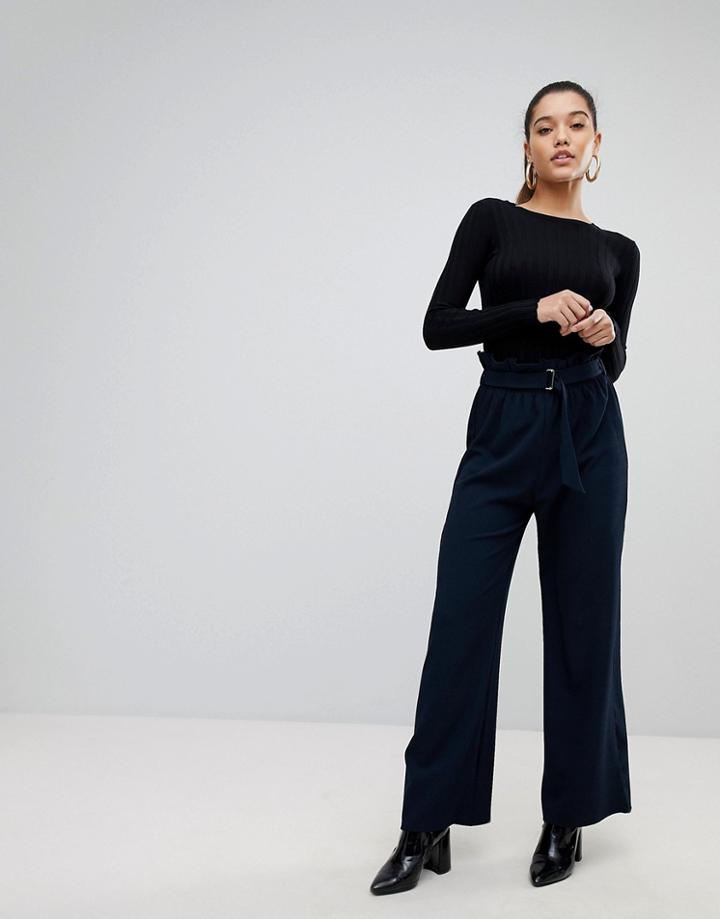 Prettylittlething Paperbag Waist Wide Leg Pants - Navy