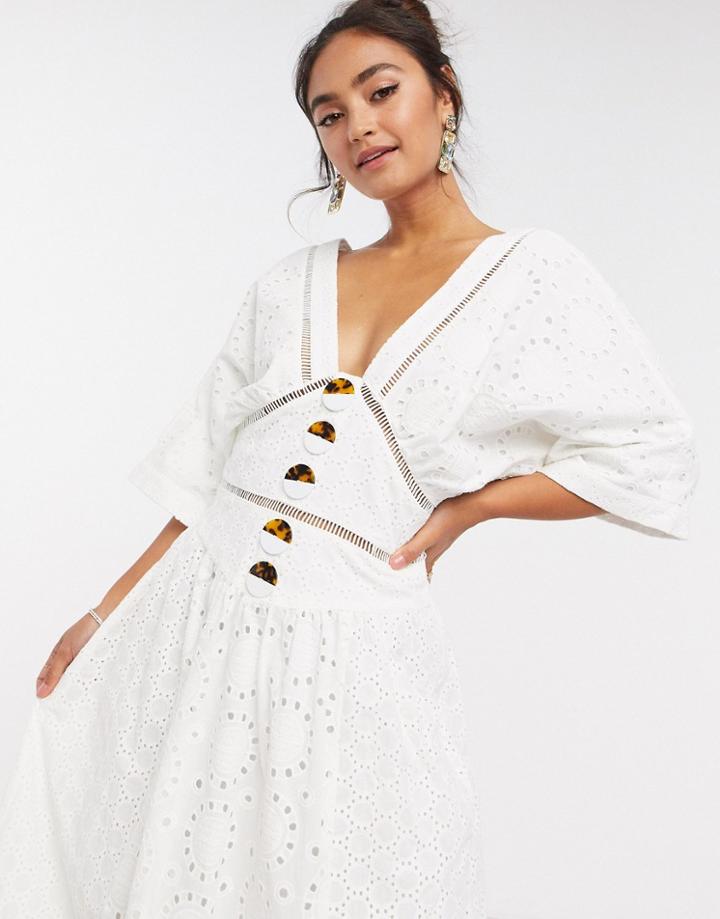 Asos Design Broderie Button Through Midi Dress With Lace Inserts In White