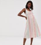 New Look Maternity Stripe Linen Midi Dress In White Pattern - White