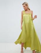 Asos Design Satin Trapeze Maxi Dress With Lace Trim - Green
