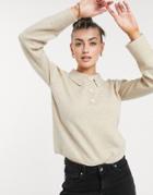 Asos Design Sweater With Collar And Button Placket In Oatmeal-yellow