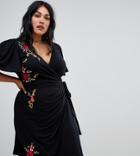 Asos Design Curve Embroidered Wrap Dress - Black
