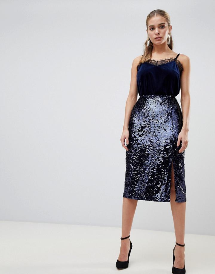 Fashion Union Midi Skirt With Split In Sequin - Navy