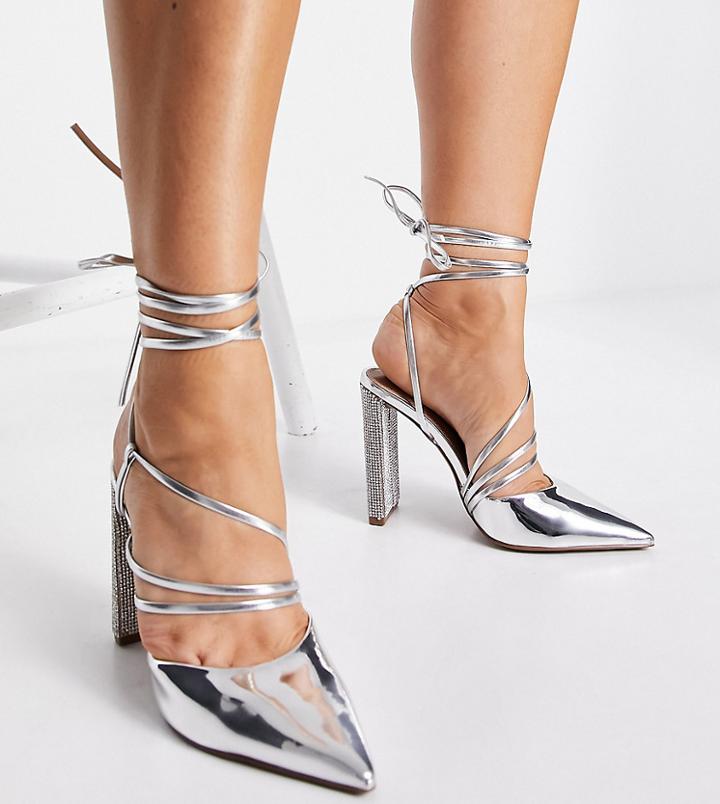 Asos Design Wide Fit Paisley Strappy Tie Leg High Heeled Shoes In Silver