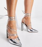 Asos Design Wide Fit Paisley Strappy Tie Leg High Heeled Shoes In Silver