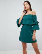 Asos Scuba Crop Top Bardot Fluted Sleeve Mini Dress - Green