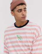 Asos Design Organic Cotton Oversized Stripe T-shirt With Dinosaur Embroidery-multi