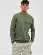 Asos Design Sweatshirt With Utility Chest Pocket In Khaki - Green