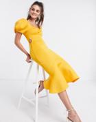 Asos Design Puff Sleeve Side Cut Out Midi Dress In Marigold-multi