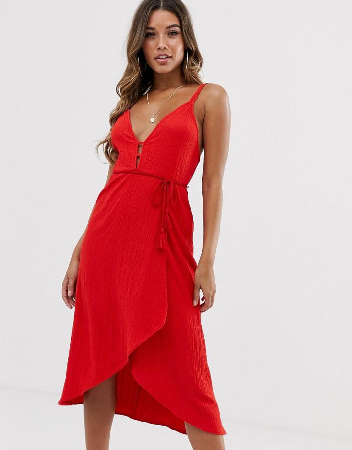 Asos Design Midi Wrap Sundress With Tassel Belt-red