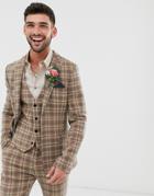 Asos Design Wedding Super Skinny Suit Jacket In Wool Mix Camel Check-beige