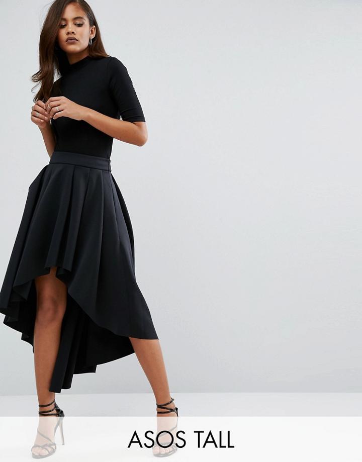 Asos Tall Scuba Midi Prom Skirt With Asymmetric High-low Hem - Black
