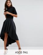 Asos Tall Scuba Midi Prom Skirt With Asymmetric High-low Hem - Black