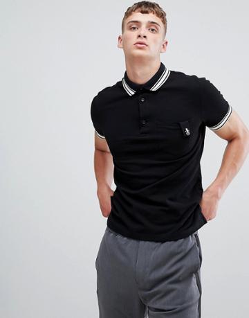 Cavalli Class Polo Shirt In Black With Striped Collar - Black