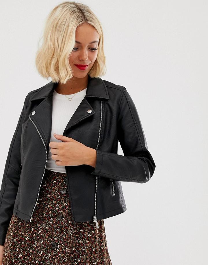 New Look Leather Look Biker Jacket In Black - Black