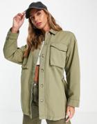 Topshop Belted Utility Lightweight Shirt Jacket In Khaki-green