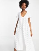 Asos Design Broderie V Neck Midi Dress With Empire Seam Detail In White